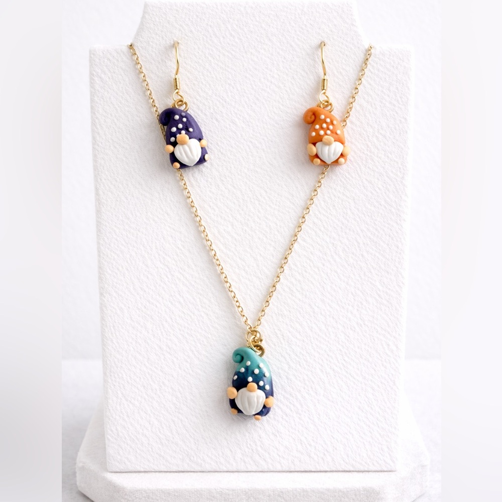 Colorful Gnome Necklace and Earrings Set 3D Clay Purple, Orange, Blue